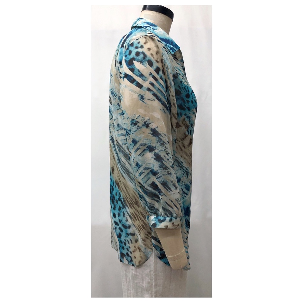 Chico's Blue Cream Animal Print Burnout Blouse - Picture 5 of 15